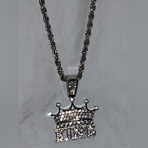 Men’s Rope Chain Necklaces & King Pendant. Stainless Steel Set Sparkly CZs - Picture 3 of 4